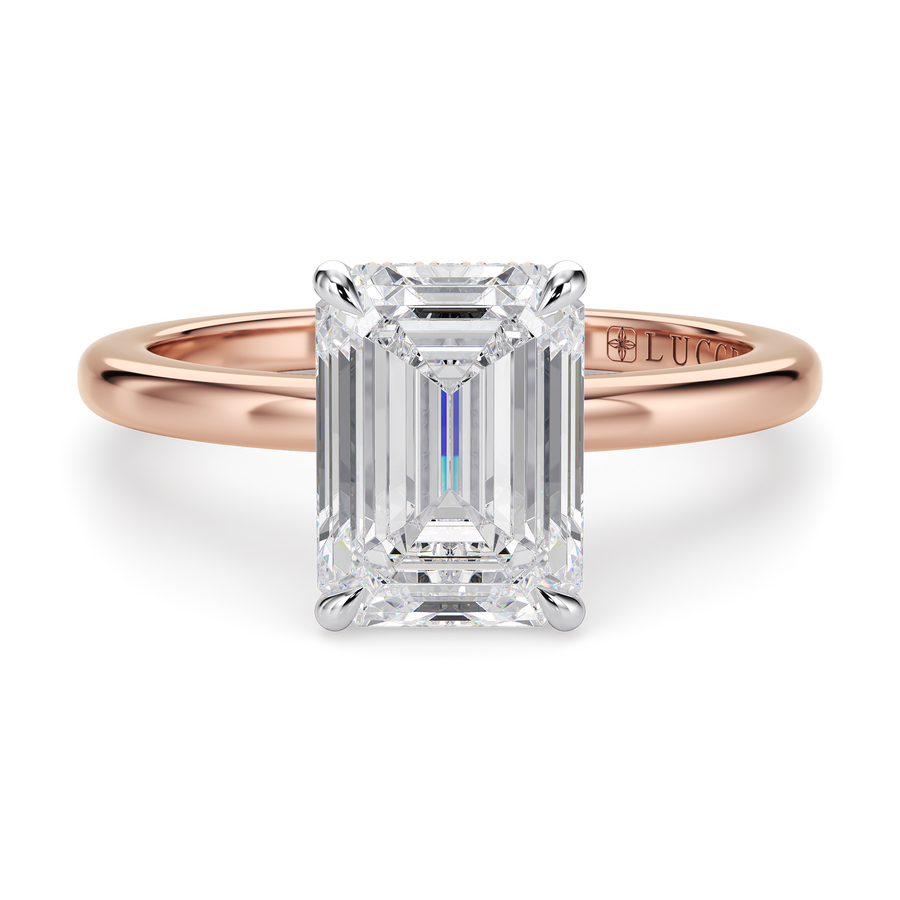 Load image into Gallery viewer, LUCCE High Setting Solitaire Emerald Diamond or Gemstone Engagement Ring with Hidden Halo in Gold or Platinum
