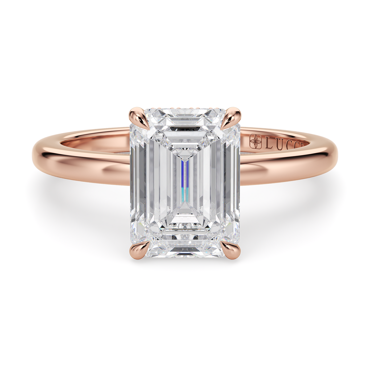 Load image into Gallery viewer, LUCCE High Setting Solitaire Emerald Diamond or Gemstone Engagement Ring with Hidden Halo in Gold or Platinum
