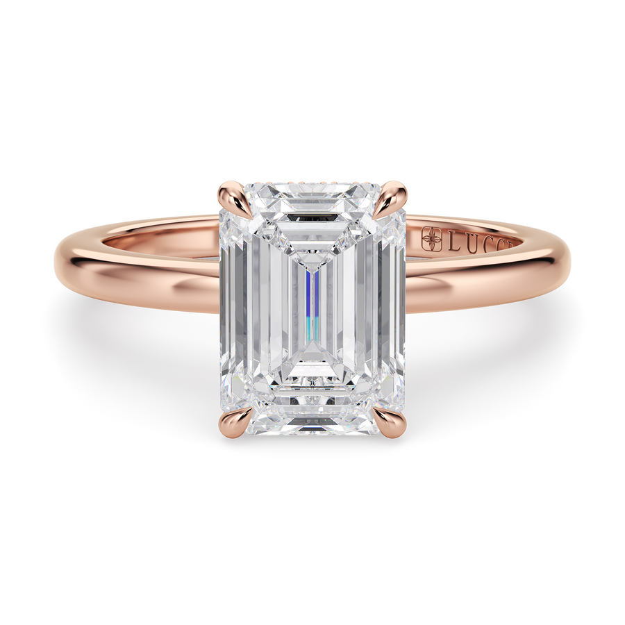 Load image into Gallery viewer, LUCCE High Setting Solitaire Emerald Diamond or Gemstone Engagement Ring with Hidden Halo in Gold or Platinum
