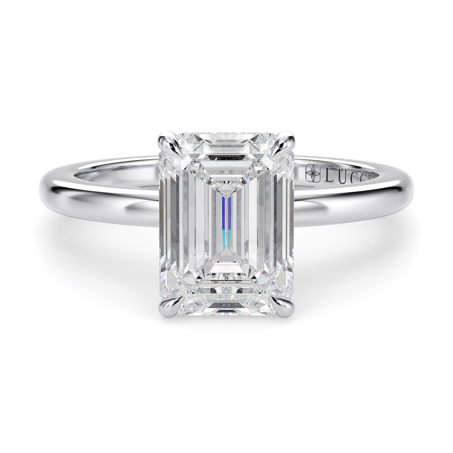 Load image into Gallery viewer, LUCCE High Setting Solitaire Emerald Diamond or Gemstone Engagement Ring with Hidden Halo in Gold or Platinum
