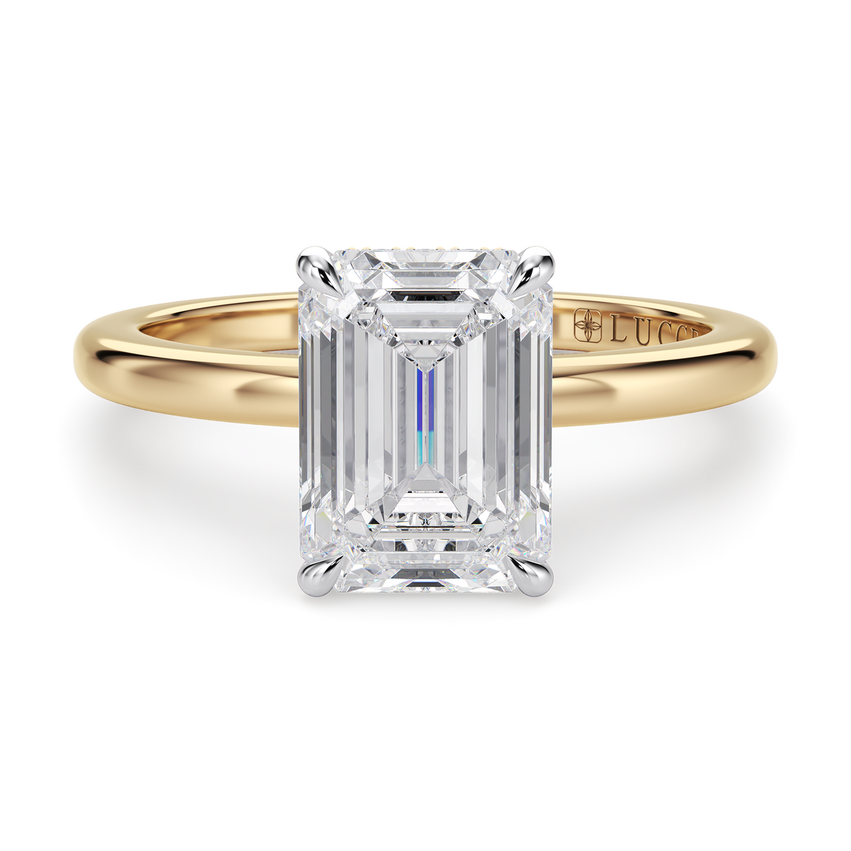 Load image into Gallery viewer, LUCCE High Setting Solitaire Emerald Diamond or Gemstone Engagement Ring with Hidden Halo in Gold or Platinum
