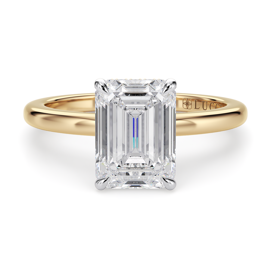 Load image into Gallery viewer, LUCCE High Setting Solitaire Emerald Diamond or Gemstone Engagement Ring with Hidden Halo in Gold or Platinum
