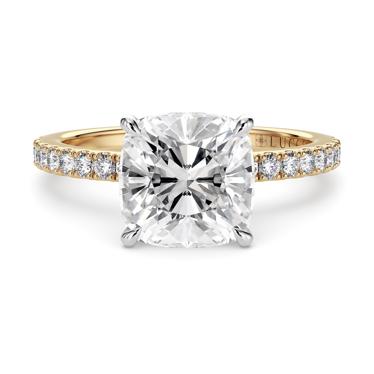 Load image into Gallery viewer, LUCCE High Setting Pavé Cushion Diamond or Gemstone Engagement Ring with Hidden Halo in Gold or Platinum
