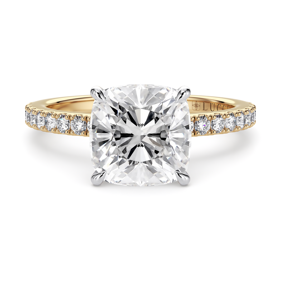 Load image into Gallery viewer, LUCCE High Setting Pavé Cushion Diamond or Gemstone Engagement Ring with Hidden Halo in Gold or Platinum

