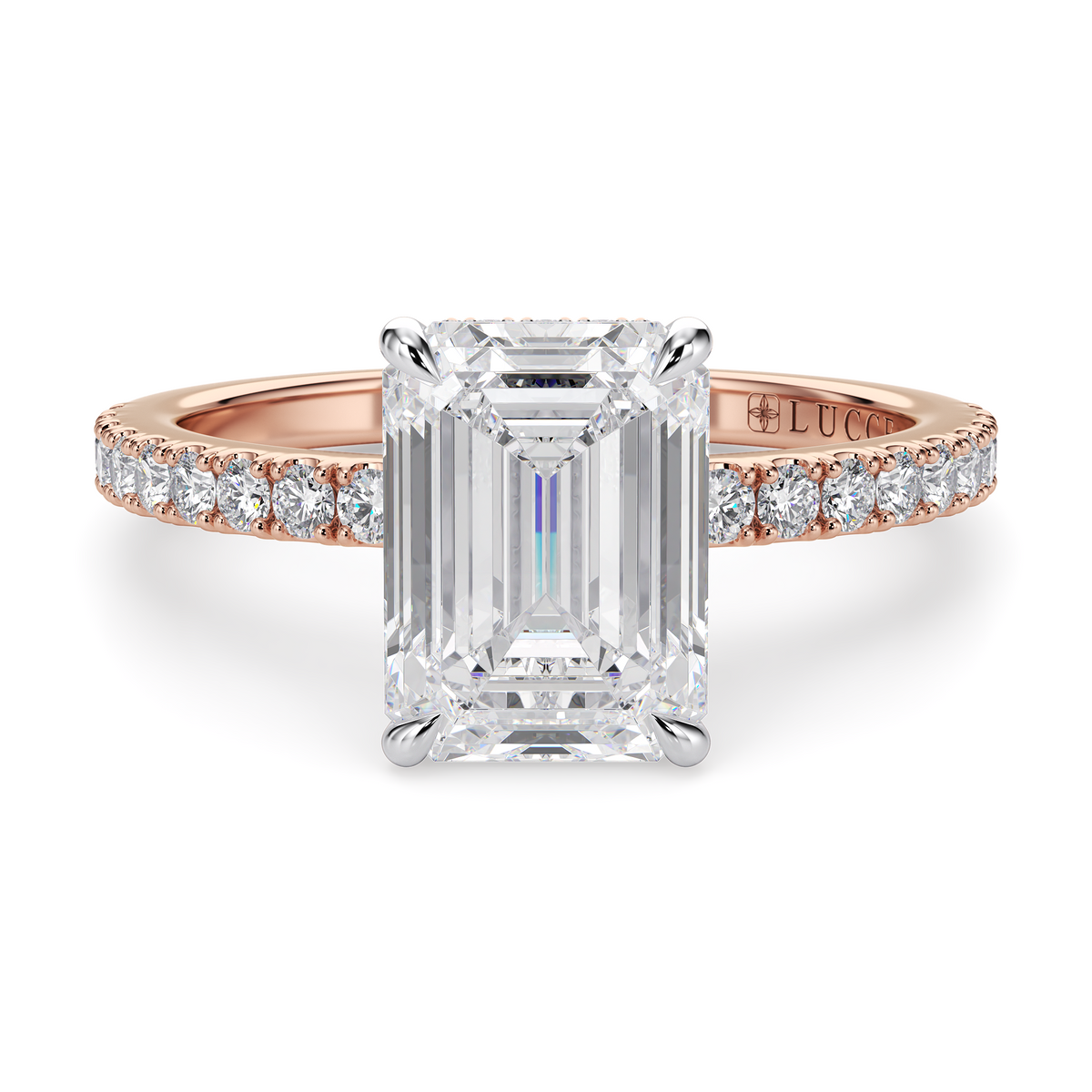 Load image into Gallery viewer, LUCCE High Setting Pavé Emerald Diamond or Gemstone Engagement Ring with Hidden Halo in Gold or Platinum
