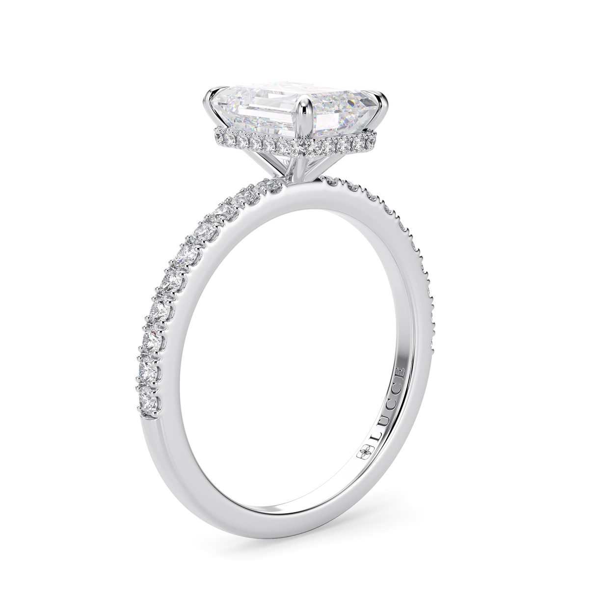 Load image into Gallery viewer, LUCCE High Setting Pavé Emerald Diamond or Gemstone Engagement Ring with Hidden Halo in Gold or Platinum
