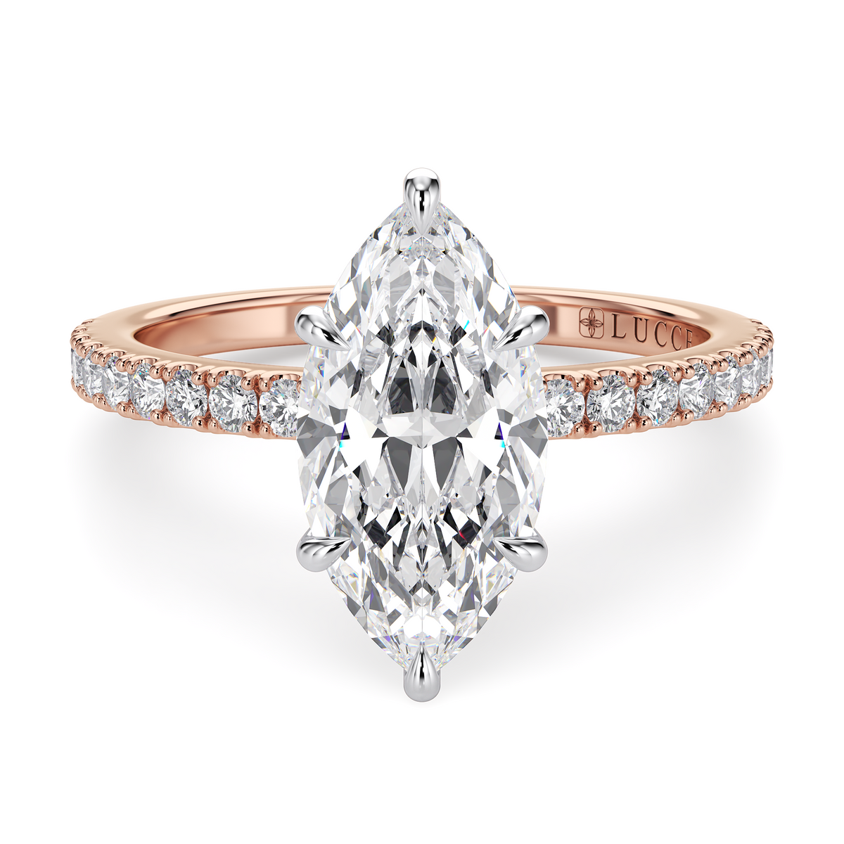 Load image into Gallery viewer, LUCCE High Setting Pavé Marquise Diamond or Gemstone Engagement Ring with Hidden Halo in Gold or Platinum
