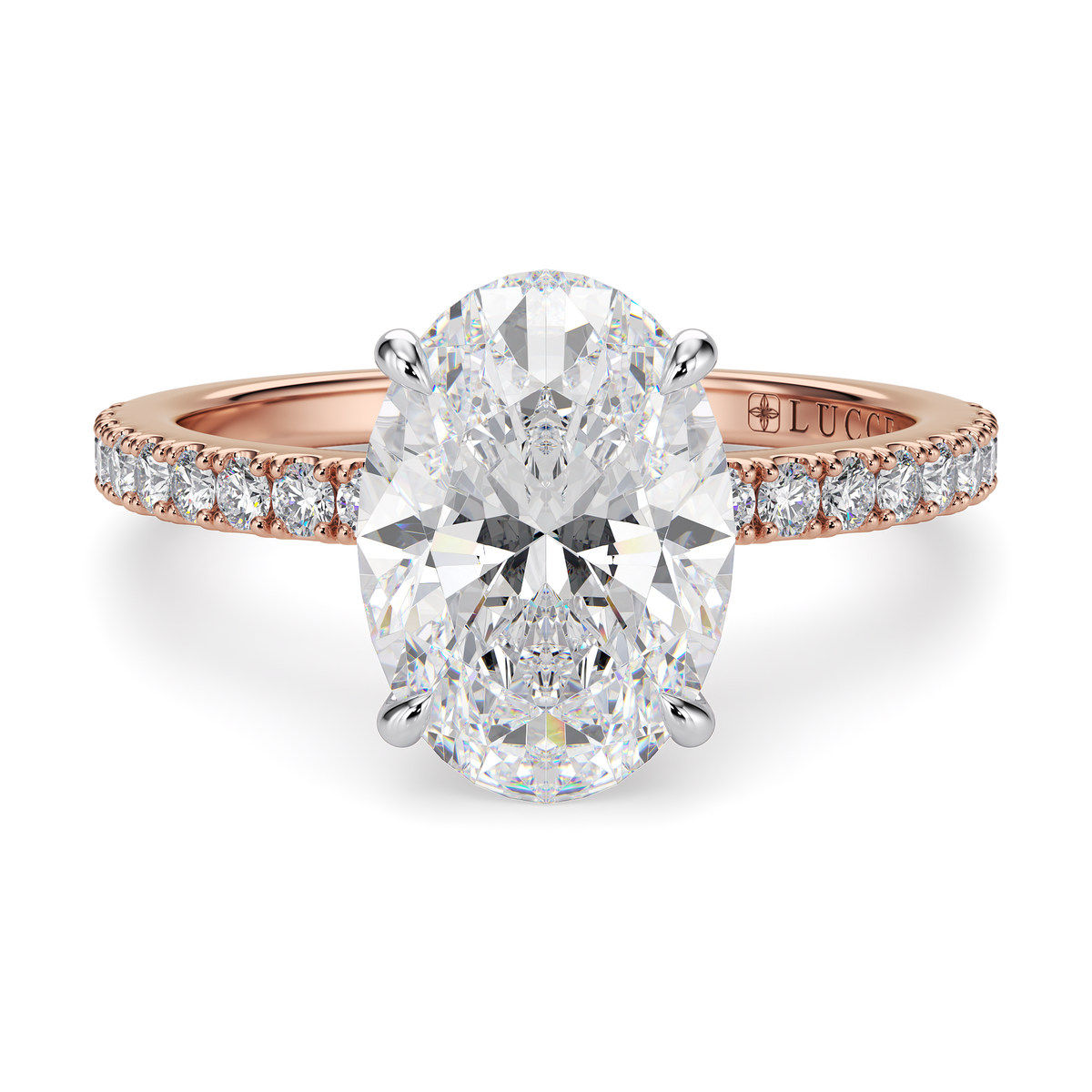 Load image into Gallery viewer, LUCCE High Setting Pavé Oval Diamond or Gemstone Engagement Ring with Hidden Halo in Gold or Platinum

