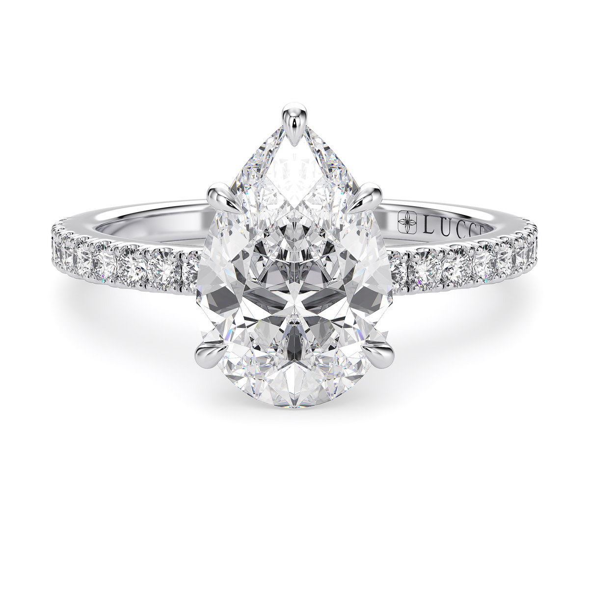Load image into Gallery viewer, LUCCE High Setting Pavé Pear Diamond or Gemstone Engagement Ring with Hidden Halo in Gold or Platinum
