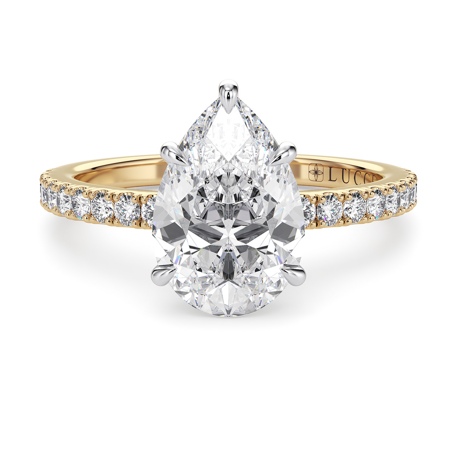 Load image into Gallery viewer, LUCCE High Setting Pavé Pear Diamond or Gemstone Engagement Ring with Hidden Halo in Gold or Platinum
