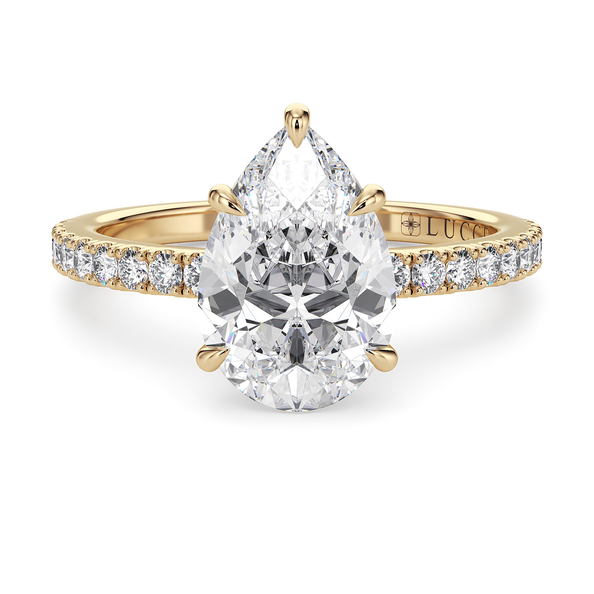 Load image into Gallery viewer, LUCCE High Setting Pavé Pear Diamond or Gemstone Engagement Ring with Hidden Halo in Gold or Platinum
