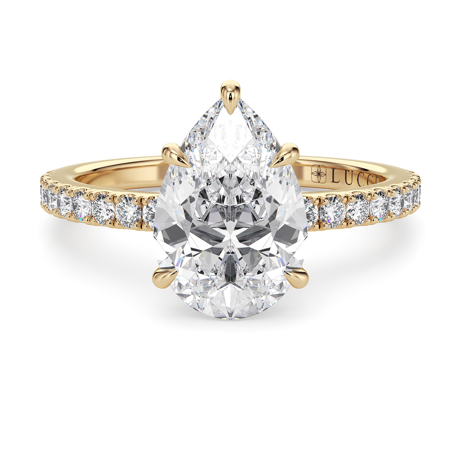 Load image into Gallery viewer, LUCCE High Setting Pavé Pear Diamond or Gemstone Engagement Ring with Hidden Halo in Gold or Platinum
