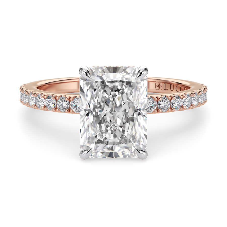 Load image into Gallery viewer, LUCCE High Setting Pavé Radiant Diamond or Gemstone Engagement Ring with Hidden Halo in Gold or Platinum
