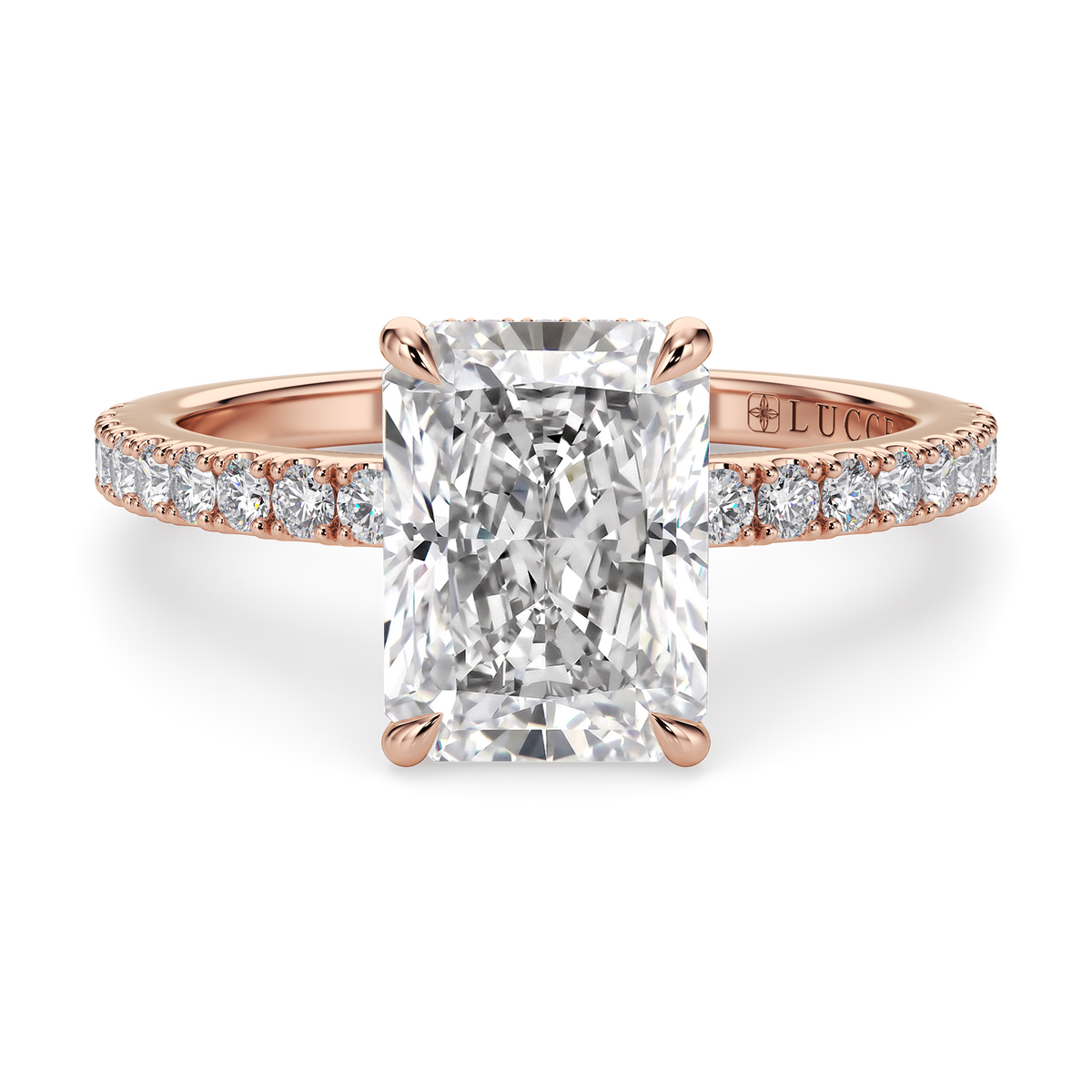 Load image into Gallery viewer, LUCCE High Setting Pavé Radiant Diamond or Gemstone Engagement Ring with Hidden Halo in Gold or Platinum
