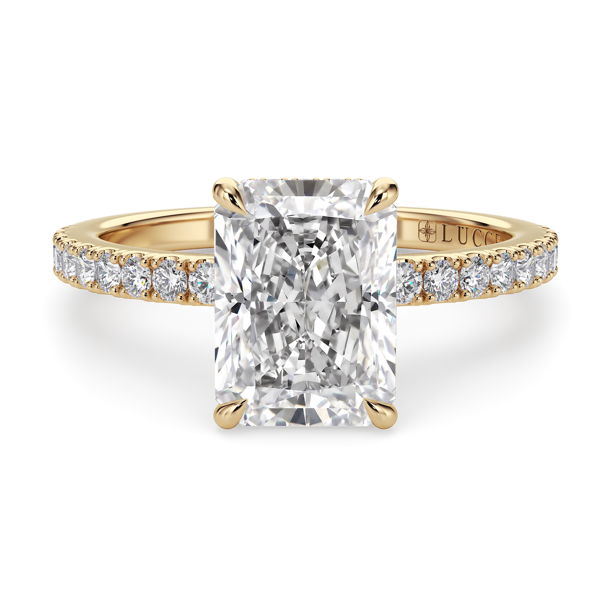 Load image into Gallery viewer, LUCCE High Setting Pavé Radiant Diamond or Gemstone Engagement Ring with Hidden Halo in Gold or Platinum
