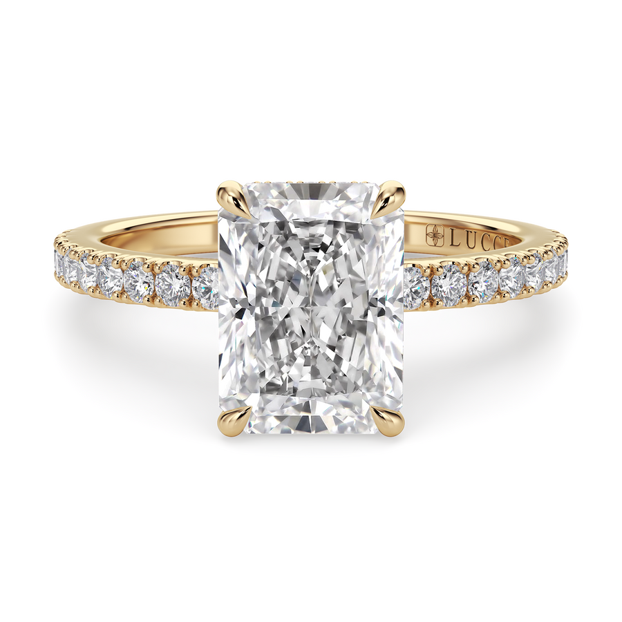 Load image into Gallery viewer, LUCCE High Setting Pavé Radiant Diamond or Gemstone Engagement Ring with Hidden Halo in Gold or Platinum
