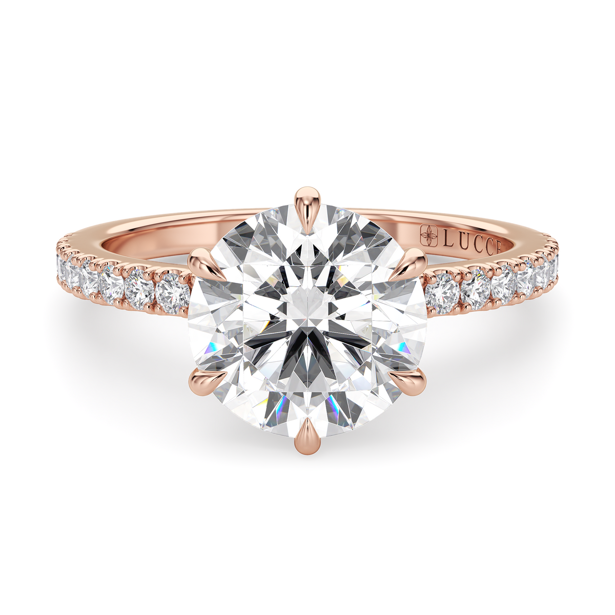 Load image into Gallery viewer, LUCCE High Setting Pavé Round Diamond or Gemstone Engagement Ring with Hidden Halo in Gold or Platinum
