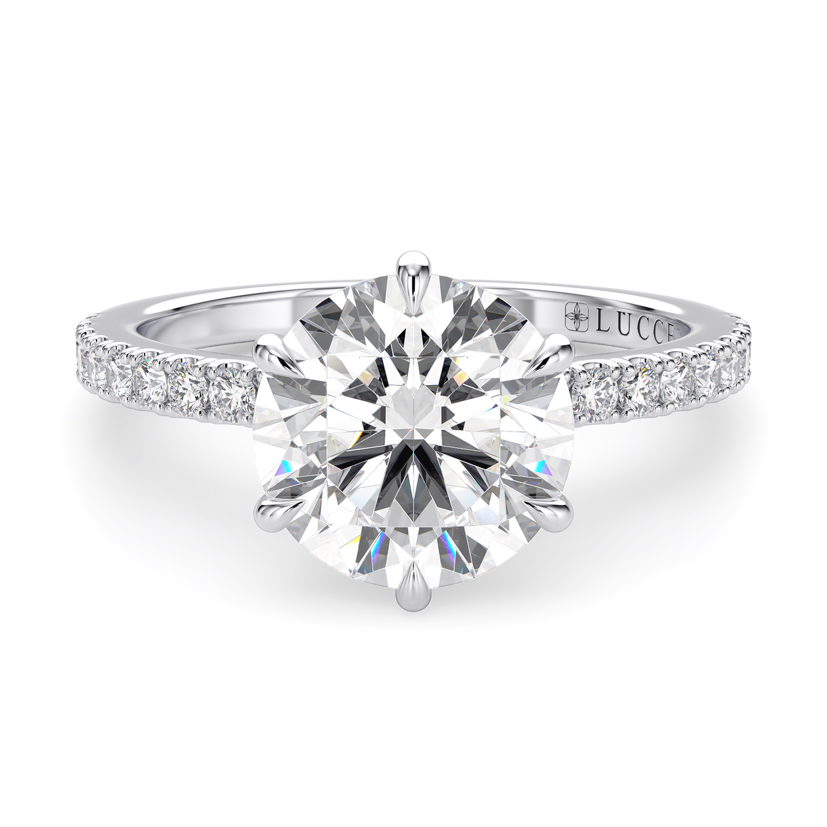 Load image into Gallery viewer, LUCCE High Setting Pavé Round Diamond or Gemstone Engagement Ring with Hidden Halo in Gold or Platinum
