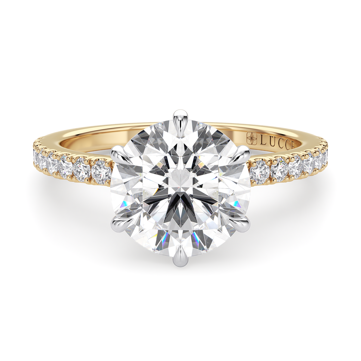 Load image into Gallery viewer, LUCCE High Setting Pavé Round Diamond or Gemstone Engagement Ring with Hidden Halo in Gold or Platinum
