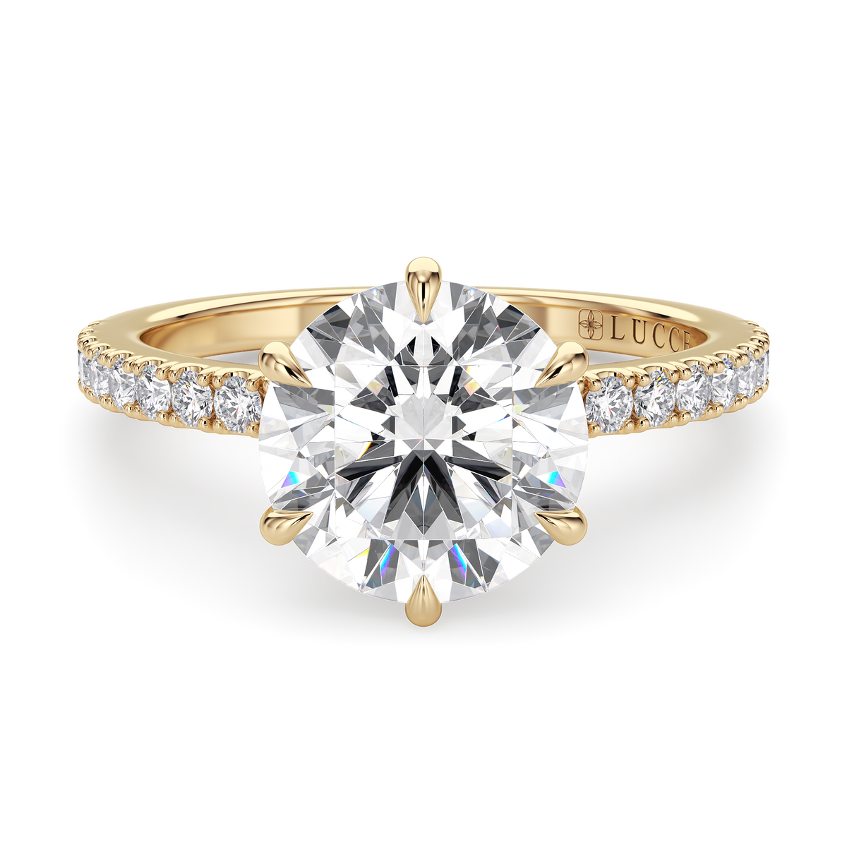 Load image into Gallery viewer, LUCCE High Setting Pavé Round Diamond or Gemstone Engagement Ring with Hidden Halo in Gold or Platinum
