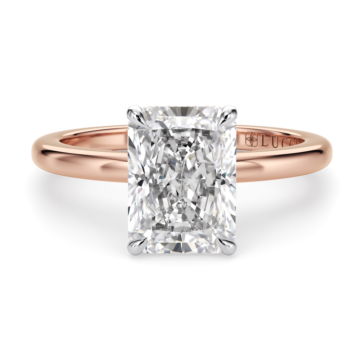 Load image into Gallery viewer, LUCCE High Setting Solitaire Radiant Diamond or Gemstone Engagement Ring with Hidden Halo in Gold or Platinum
