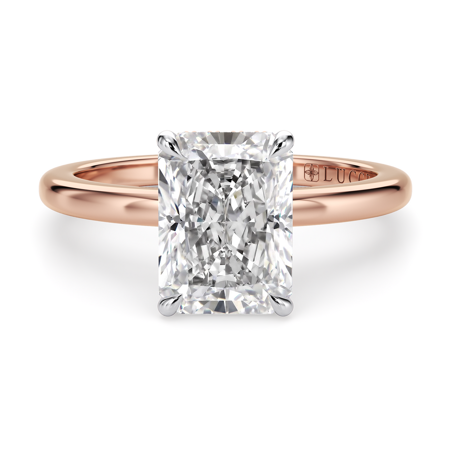Load image into Gallery viewer, LUCCE High Setting Solitaire Radiant Diamond or Gemstone Engagement Ring with Hidden Halo in Gold or Platinum
