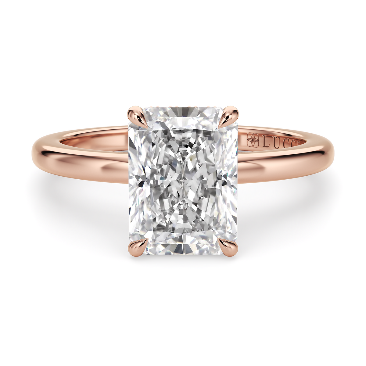Load image into Gallery viewer, LUCCE High Setting Solitaire Radiant Diamond or Gemstone Engagement Ring with Hidden Halo in Gold or Platinum
