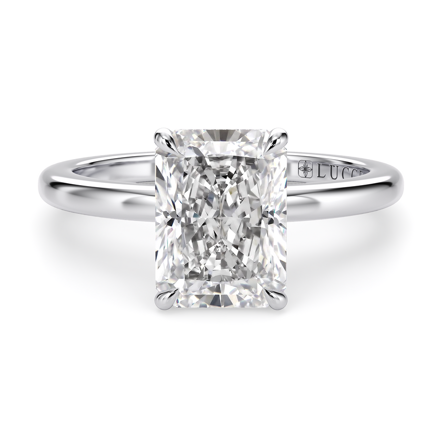 Load image into Gallery viewer, LUCCE High Setting Solitaire Radiant Diamond or Gemstone Engagement Ring with Hidden Halo in Gold or Platinum
