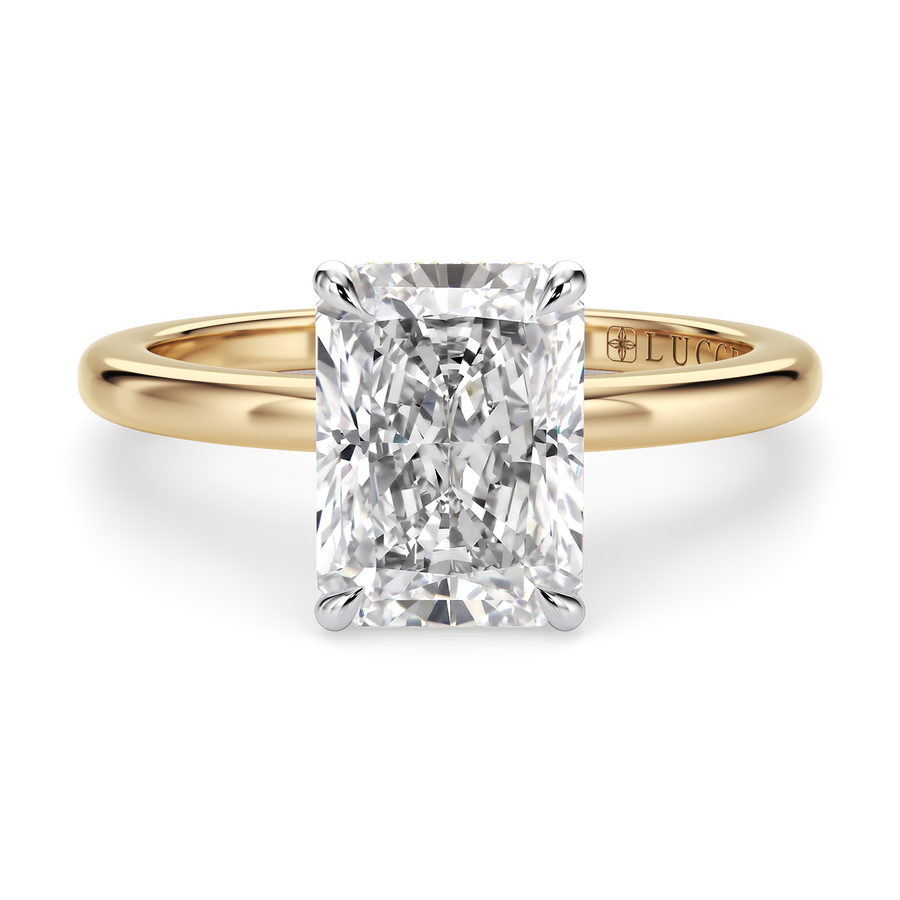 Load image into Gallery viewer, LUCCE High Setting Solitaire Radiant Diamond or Gemstone Engagement Ring with Hidden Halo in Gold or Platinum
