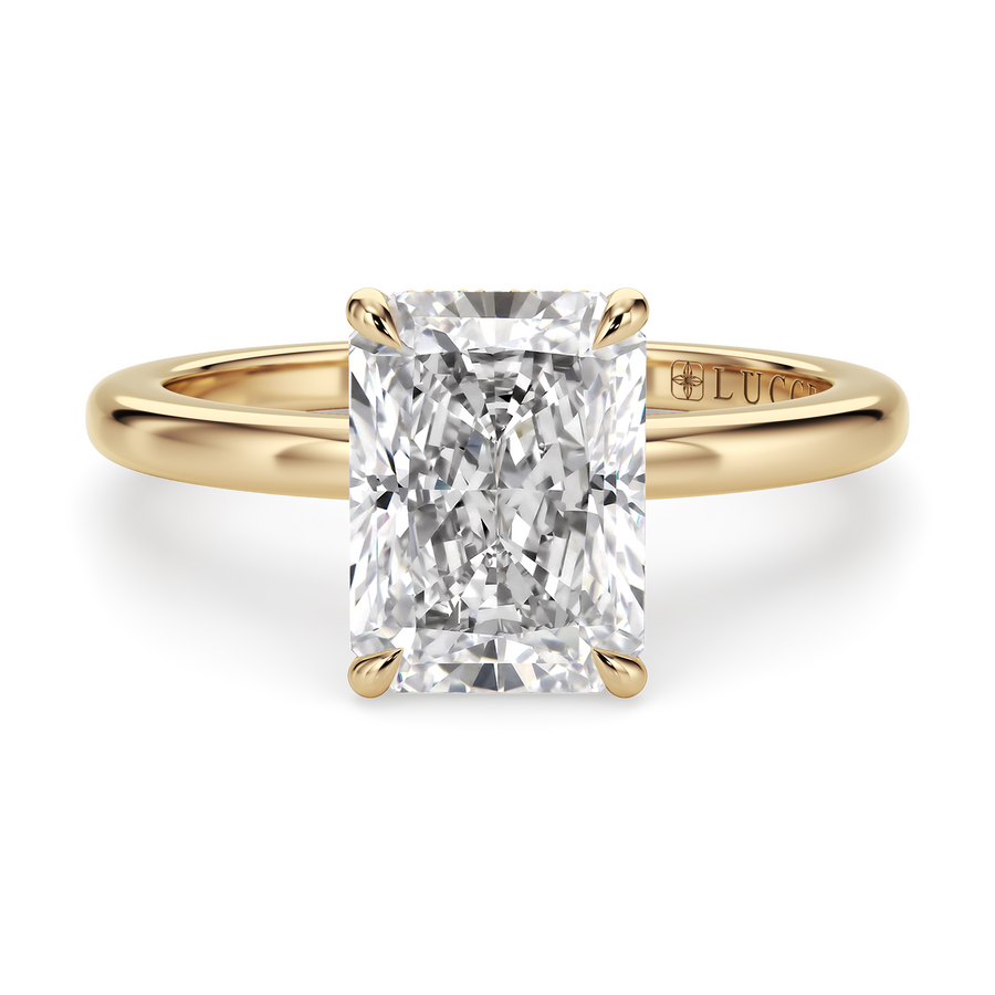Load image into Gallery viewer, LUCCE High Setting Solitaire Radiant Diamond or Gemstone Engagement Ring with Hidden Halo in Gold or Platinum

