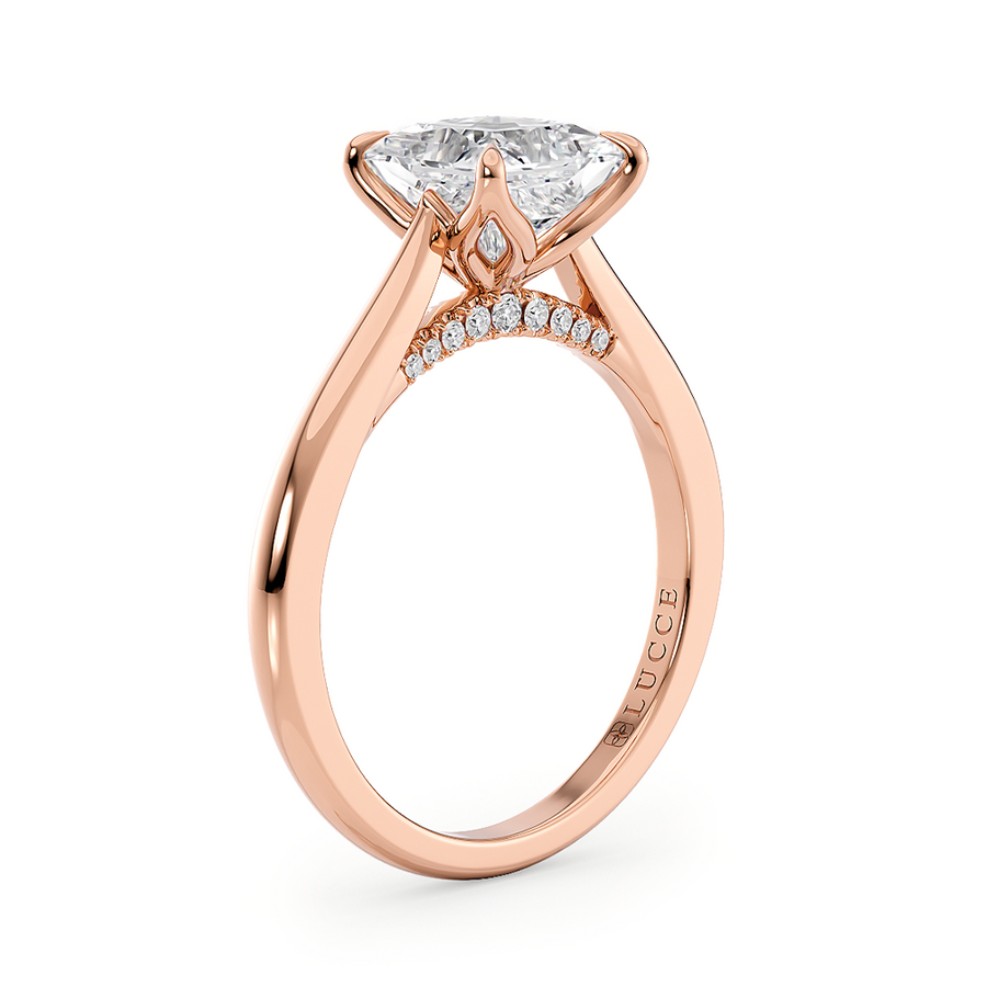 Load image into Gallery viewer, LUCCE Cathedral Cushion Diamond Solitaire Engagement Ring with Petal Prongs and Hidden Accent Stones in Gold or Platinum
