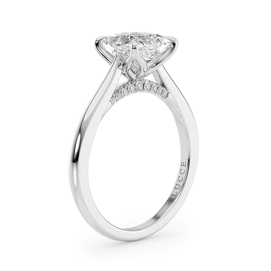 Load image into Gallery viewer, LUCCE Cathedral Cushion Diamond Solitaire Engagement Ring with Petal Prongs and Hidden Accent Stones in Gold or Platinum
