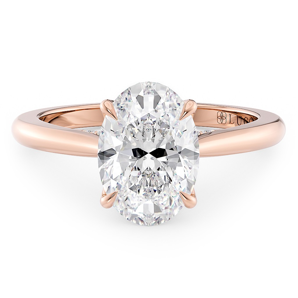 Load image into Gallery viewer, LUCCE Cathedral Oval Diamond Solitaire Engagement Ring with Petal Prongs and Hidden Accent Stones in Gold or Platinum
