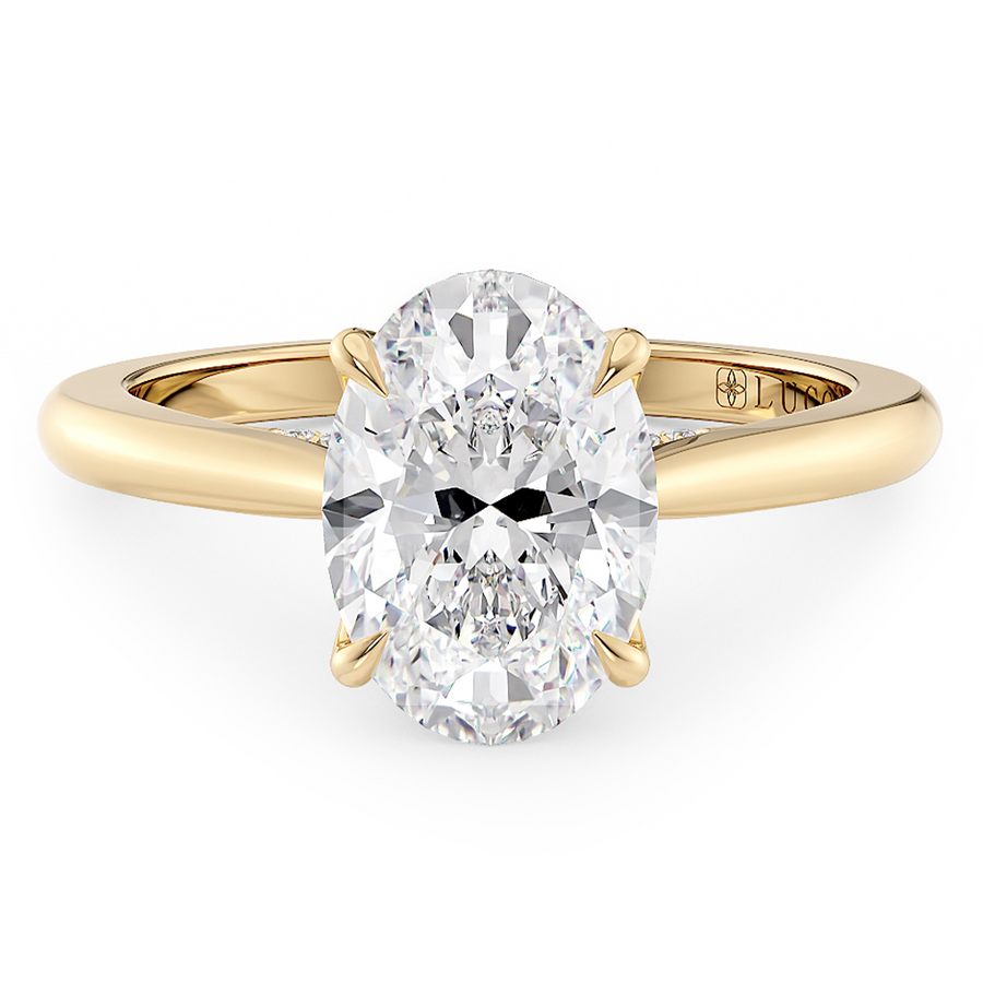 Load image into Gallery viewer, LUCCE Cathedral Oval Diamond Solitaire Engagement Ring with Petal Prongs and Hidden Accent Stones in Gold or Platinum
