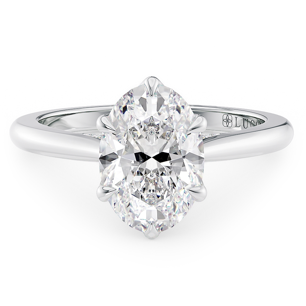 Load image into Gallery viewer, LUCCE Cathedral Oval Diamond Solitaire Engagement Ring with Petal Prongs and Hidden Accent Stones in Gold or Platinum
