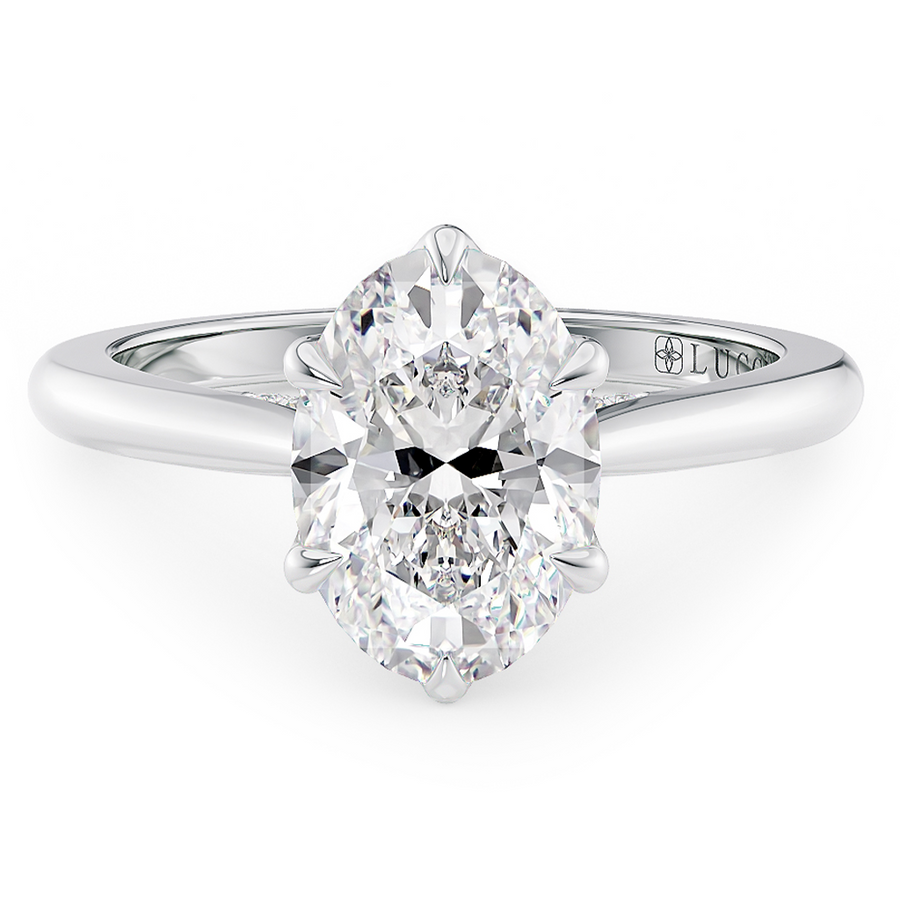 Load image into Gallery viewer, LUCCE Cathedral Oval Diamond Solitaire Engagement Ring with Petal Prongs and Hidden Accent Stones in Gold or Platinum
