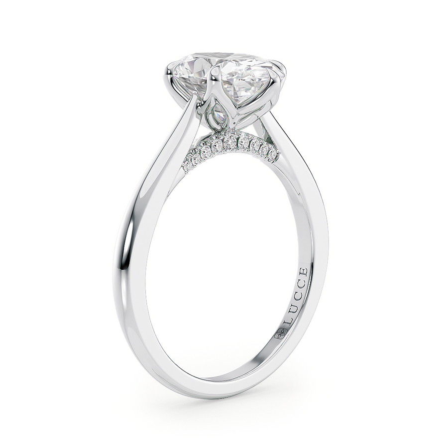 Load image into Gallery viewer, LUCCE Cathedral Oval Diamond Solitaire Engagement Ring with Petal Prongs and Hidden Accent Stones in Gold or Platinum
