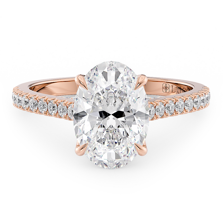 Load image into Gallery viewer, LUCCE Cathedral Oval Diamond Pavé Engagement Ring with Petal Prongs and Hidden Accent Stones in Gold or Platinum
