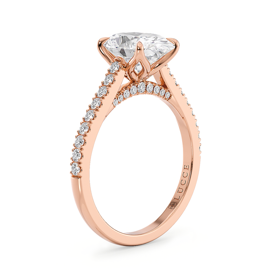 Load image into Gallery viewer, LUCCE Cathedral Oval Diamond Pavé Engagement Ring with Petal Prongs and Hidden Accent Stones in Gold or Platinum
