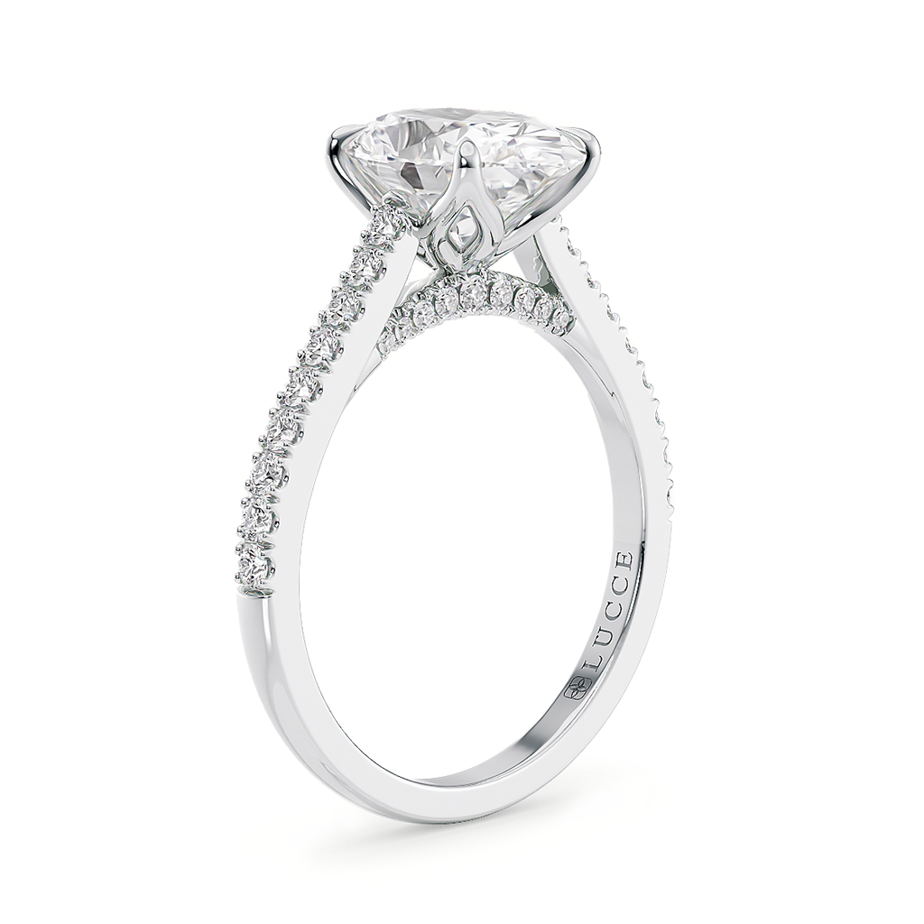 Load image into Gallery viewer, LUCCE Cathedral Oval Diamond Pavé Engagement Ring with Petal Prongs and Hidden Accent Stones in Gold or Platinum
