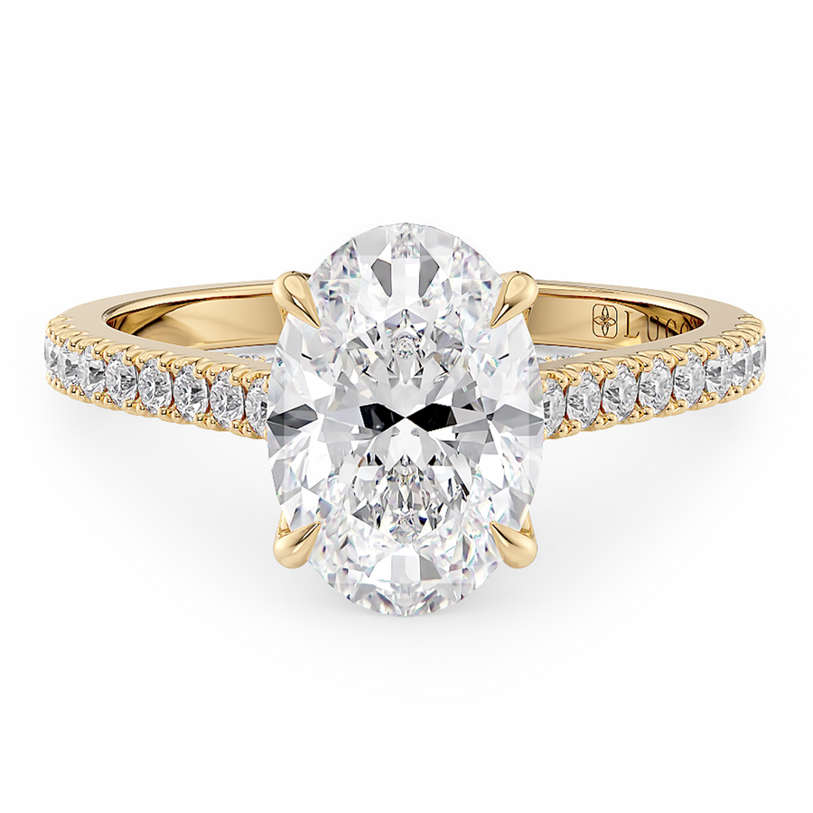 Load image into Gallery viewer, LUCCE Cathedral Oval Diamond Pavé Engagement Ring with Petal Prongs and Hidden Accent Stones in Gold or Platinum
