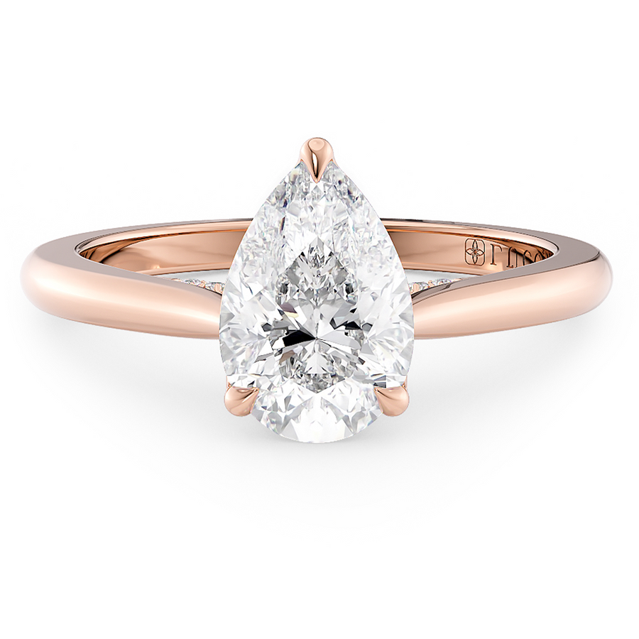 Load image into Gallery viewer, LUCCE Cathedral Pear Diamond Solitaire Engagement Ring with Petal Prongs and Hidden Accent Stones in Gold or Platinum
