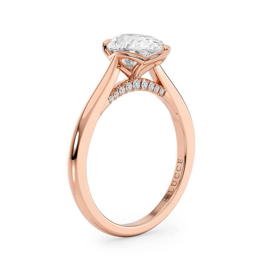 Load image into Gallery viewer, LUCCE Cathedral Pear Diamond Solitaire Engagement Ring with Petal Prongs and Hidden Accent Stones in Gold or Platinum
