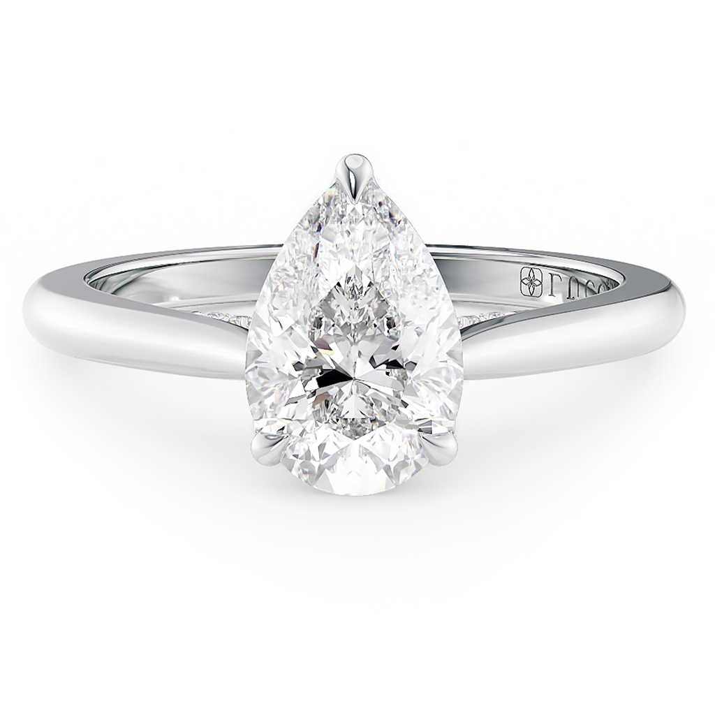 Load image into Gallery viewer, LUCCE Cathedral Pear Diamond Solitaire Engagement Ring with Petal Prongs and Hidden Accent Stones in Gold or Platinum
