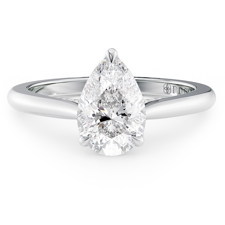 Load image into Gallery viewer, LUCCE Cathedral Pear Diamond Solitaire Engagement Ring with Petal Prongs and Hidden Accent Stones in Gold or Platinum

