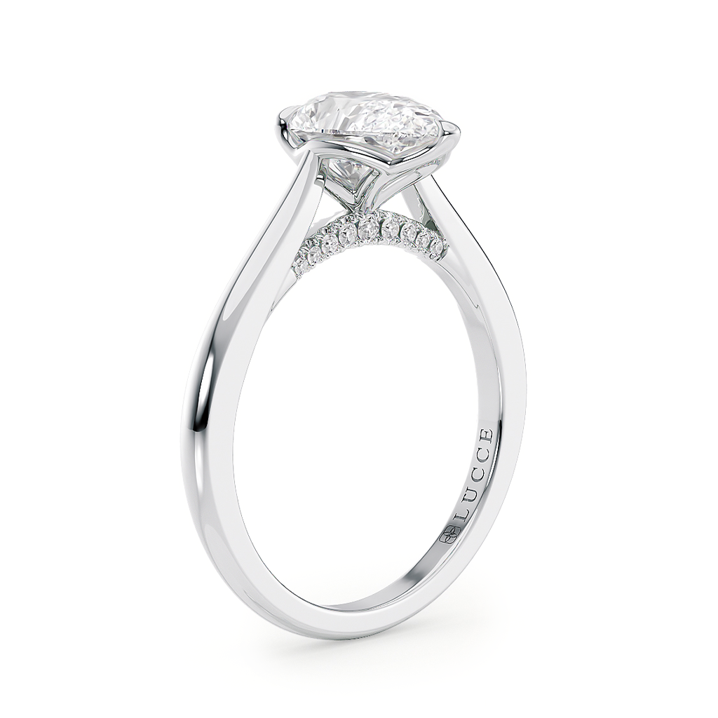 Load image into Gallery viewer, LUCCE Cathedral Pear Diamond Solitaire Engagement Ring with Petal Prongs and Hidden Accent Stones in Gold or Platinum
