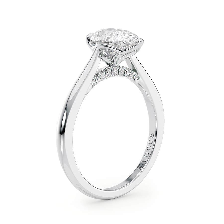 Load image into Gallery viewer, LUCCE Cathedral Pear Diamond Solitaire Engagement Ring with Petal Prongs and Hidden Accent Stones in Gold or Platinum
