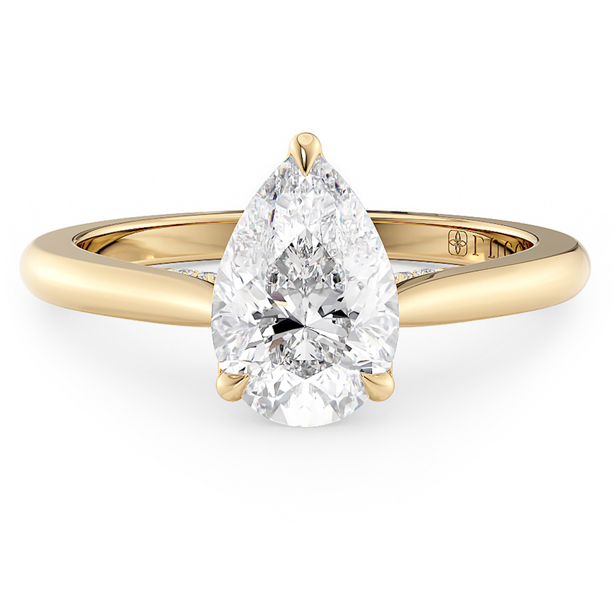 Load image into Gallery viewer, LUCCE Cathedral Pear Diamond Solitaire Engagement Ring with Petal Prongs and Hidden Accent Stones in Gold or Platinum
