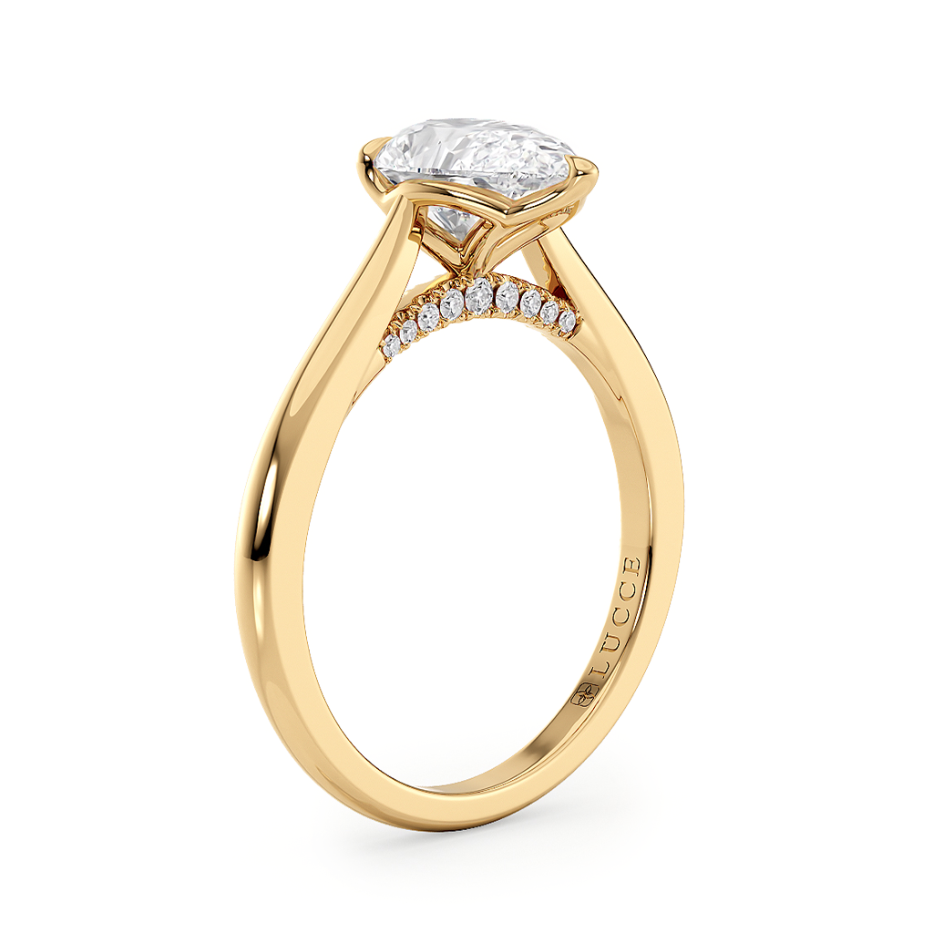 Load image into Gallery viewer, LUCCE Cathedral Pear Diamond Solitaire Engagement Ring with Petal Prongs and Hidden Accent Stones in Gold or Platinum
