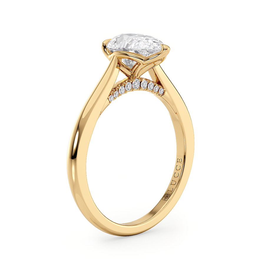Load image into Gallery viewer, LUCCE Cathedral Pear Diamond Solitaire Engagement Ring with Petal Prongs and Hidden Accent Stones in Gold or Platinum

